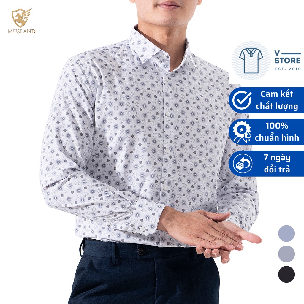 Áo sơ mi nam dài tay họa tiết hoa cúc màu trắng, đen, ghi không xù lông,giữ màu tốt Musland & V-Store SM21017