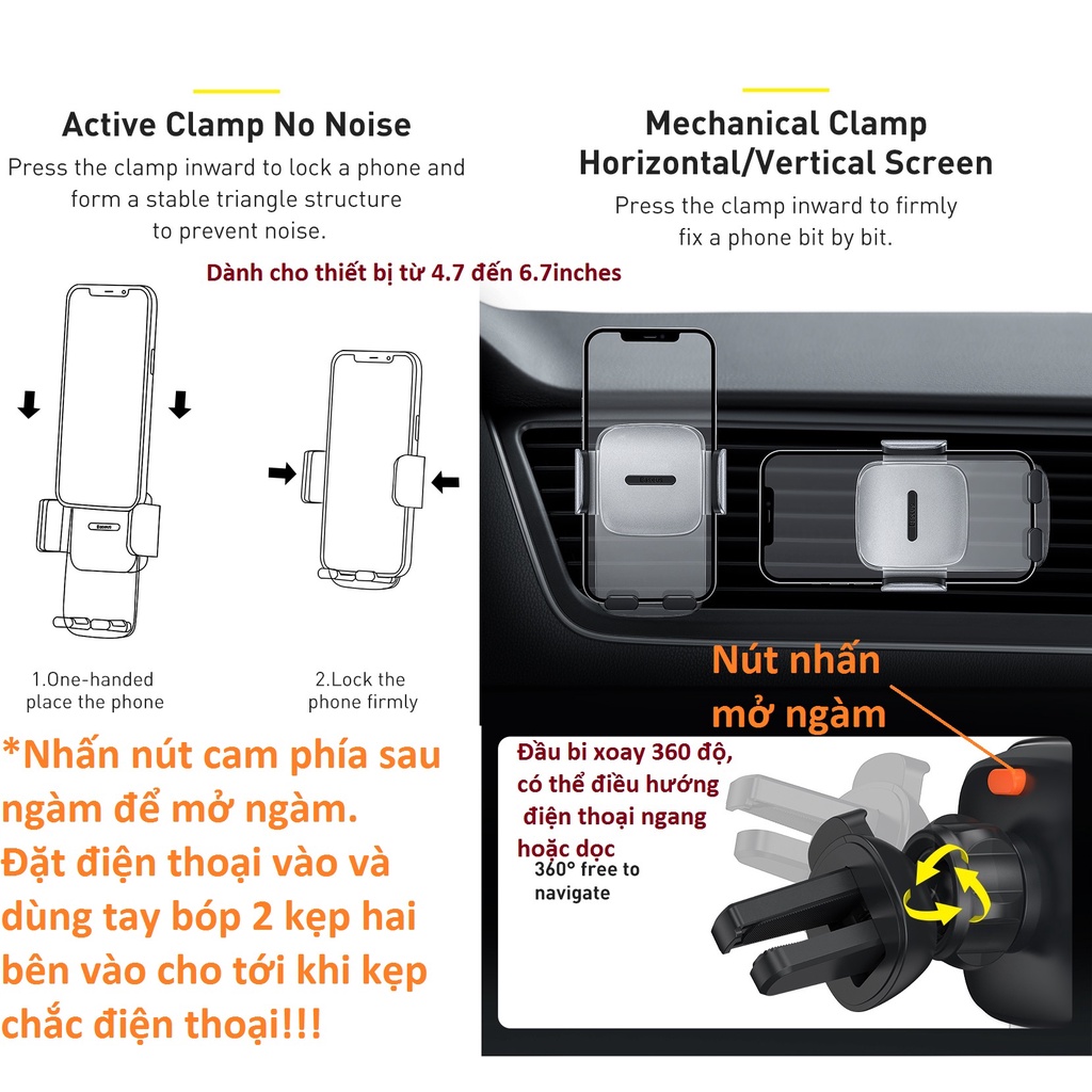 [Gắn cửa gió và táp-lô] Bộ giá đỡ điện thoại trên ô-tô Baseus Easy Control Clamp