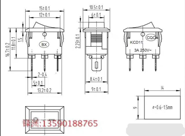 Công tắc bập bênh KCD1 đỏ đen 250V 15x10mm