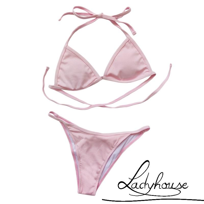 LD-4 Pcs Women Bathing Suits, Adults Tie-up Padded Solid Color Halter Bra + Crop Tops + Sarong + Thong