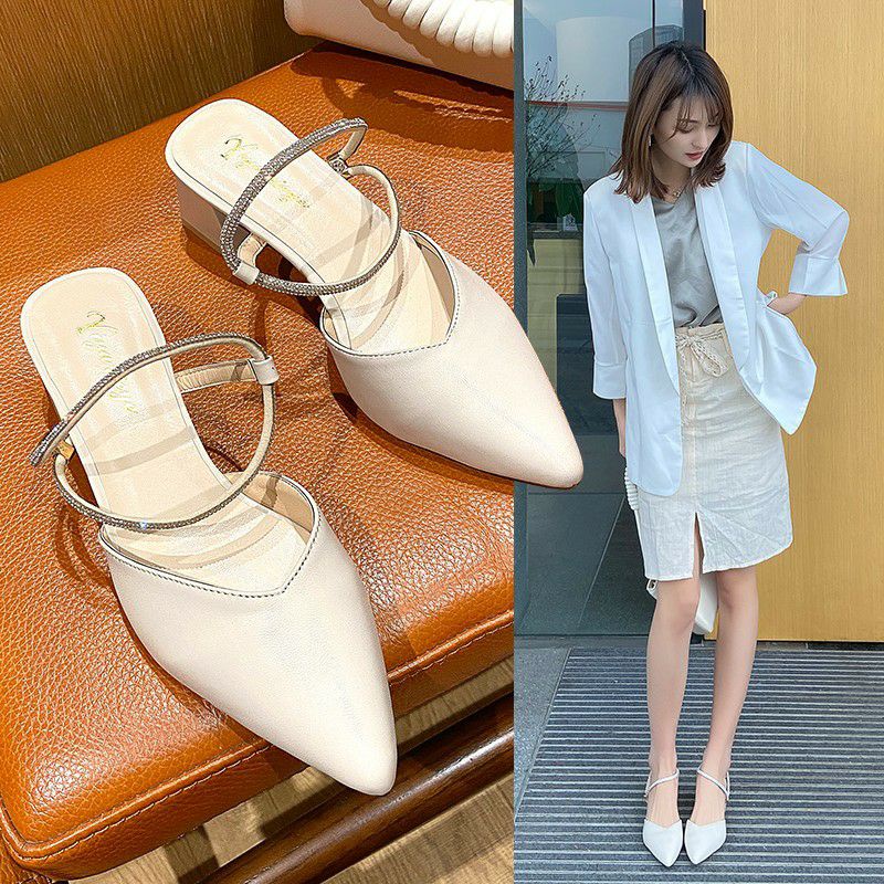 Giày cao gót nữ mũi nhọn gót vuông 6 cm phối dây đính đá mã GA10