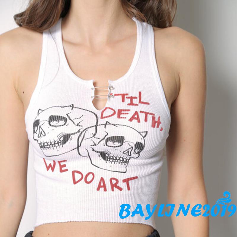 Áo croptop sát nách cổ chữ v in hình đầu lâu cá tính cho nữ