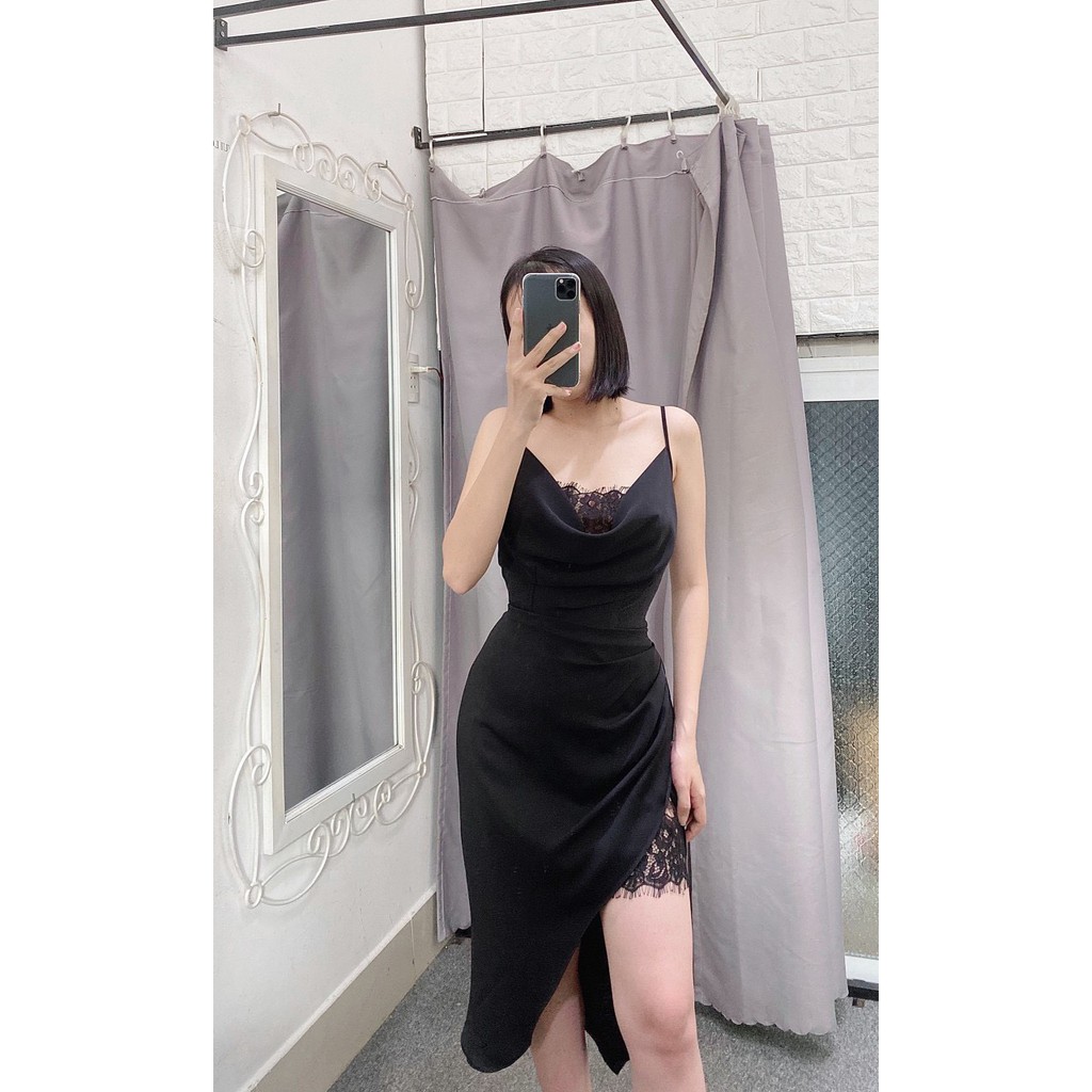 (VIDEO+HÌNH THẬT) Váy Đầm 2 Dây Cổ Đổ Phối Ren Sang Trọng Thời Trang Công Sở Dạo Phố Dự Tiệc Hàng Cao Cấp | BigBuy360 - bigbuy360.vn