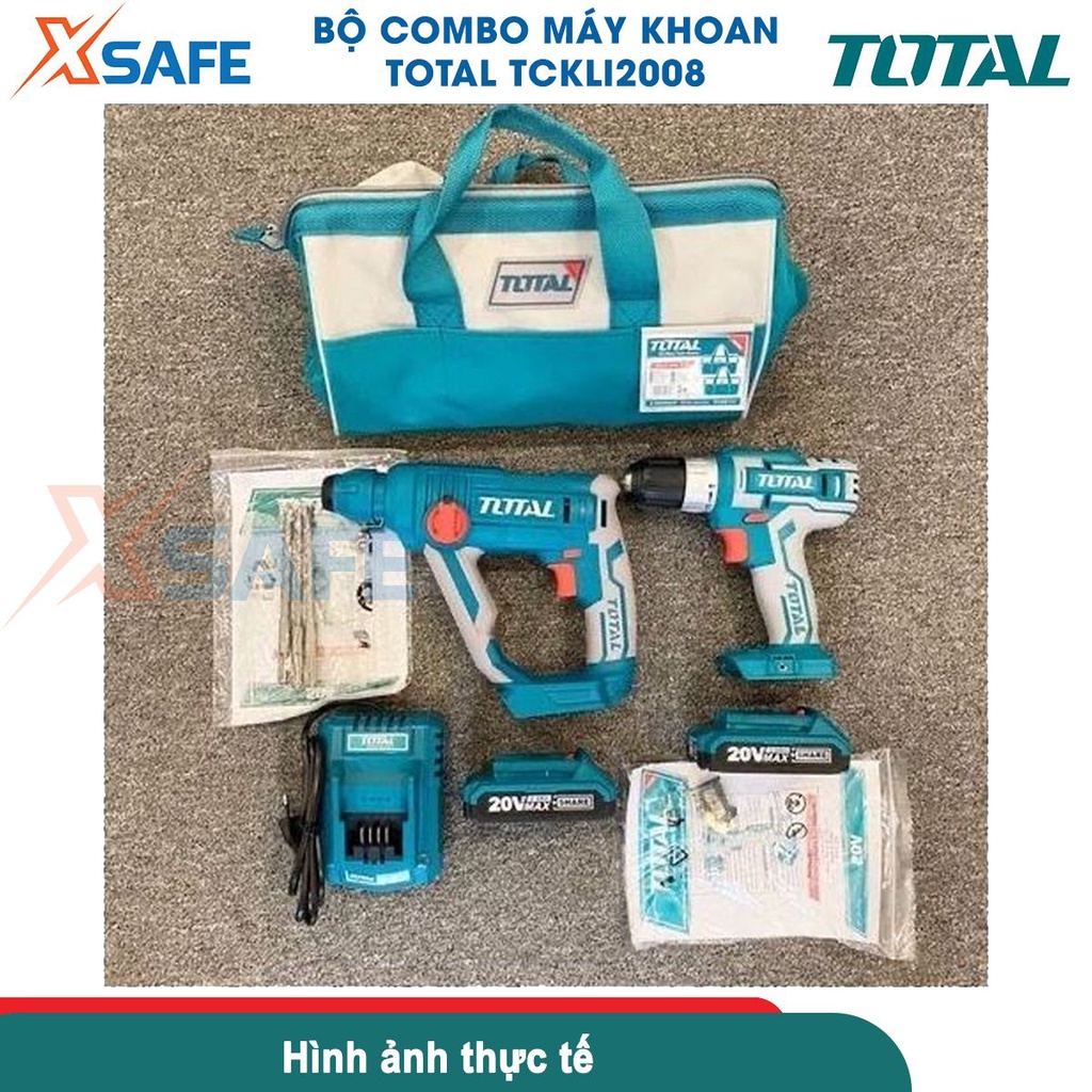 Bộ máy khoan cầm tay TOTAL TCKLI2008 gồm 2 máy khoan pin 20V, kèm 2 pin 2.0Ah 1 sạc, dùng khoan đục gỗ, bê tông,kim loại
