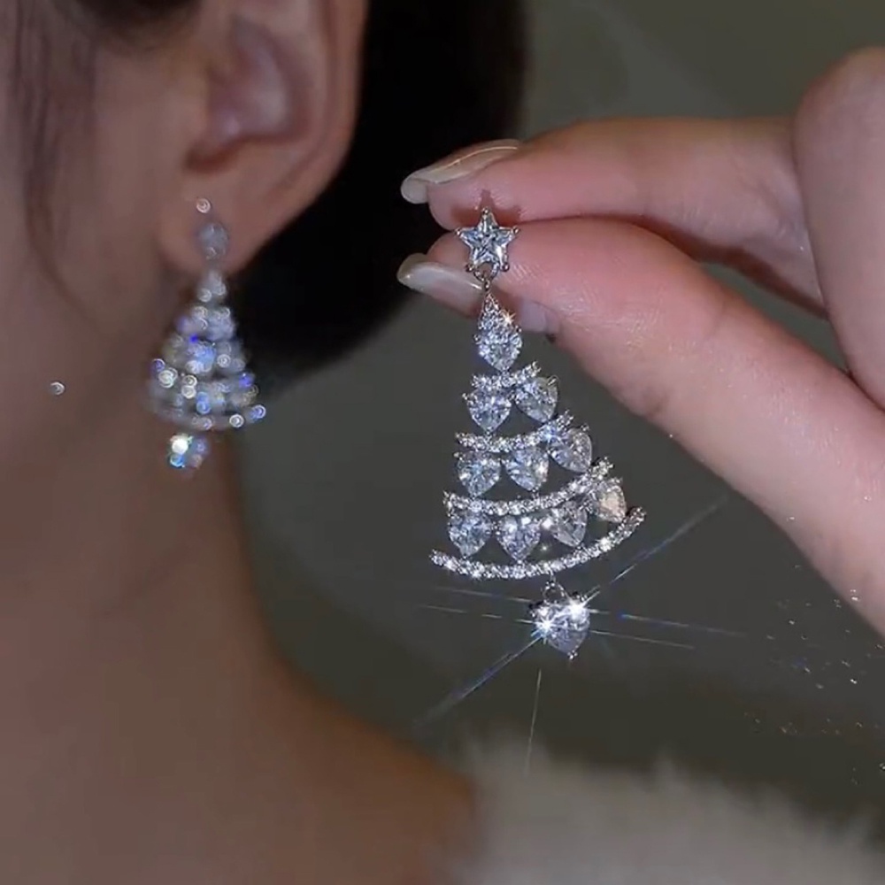 Bông Tai Mạ Bạc 925 Hình Cây Thông Giáng Sinh Xoay Được Đính Đá Zircon Lấp Lánh Trang Sức Cho Nữ