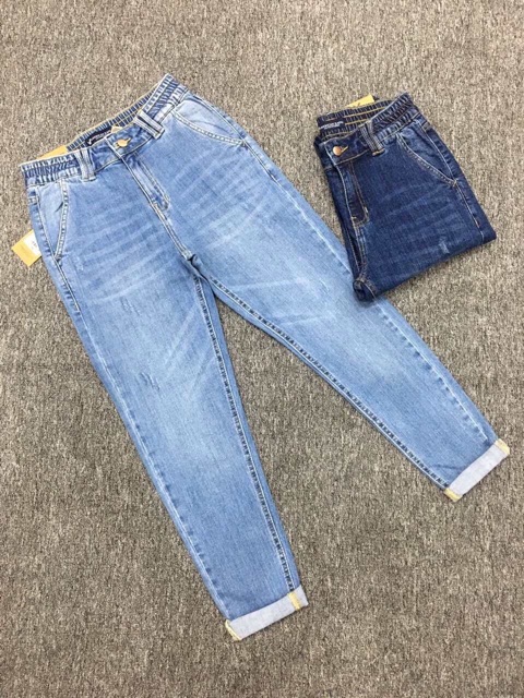 Quần jeans baggy túi xéo lưng thun nữ : trơn và xước C -Anh