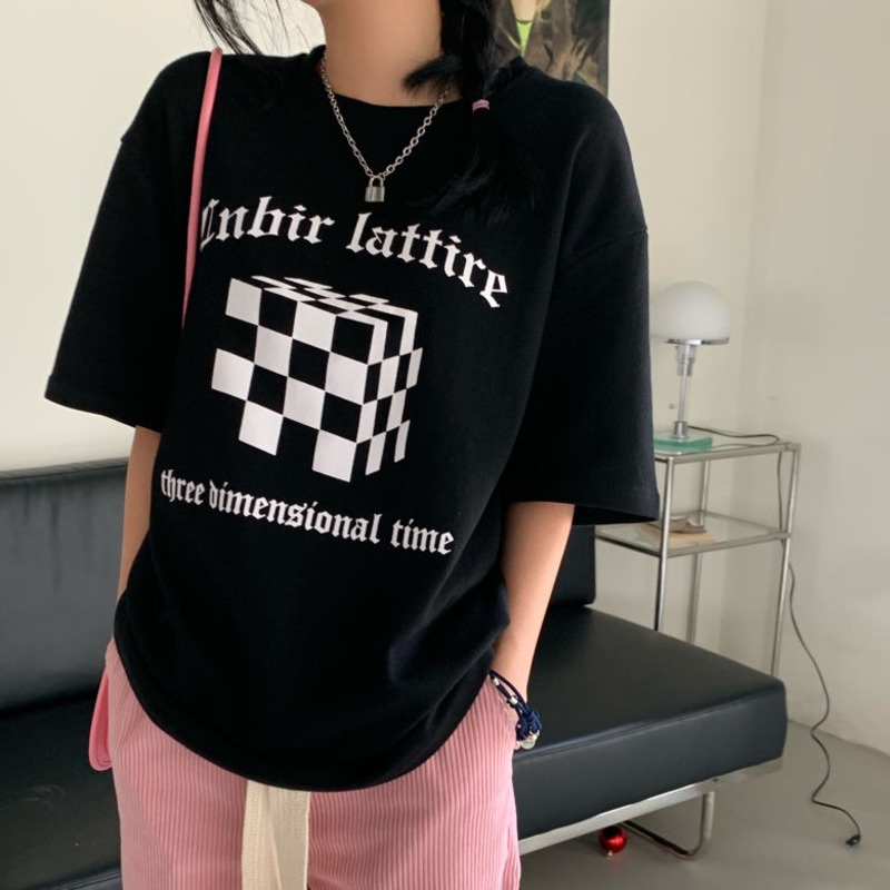 Áo Thun Tay Ngắn Cổ Tròn Dáng Rộng In Họa Tiết Caro Phong Cách Hàn Quốc Thời Trang