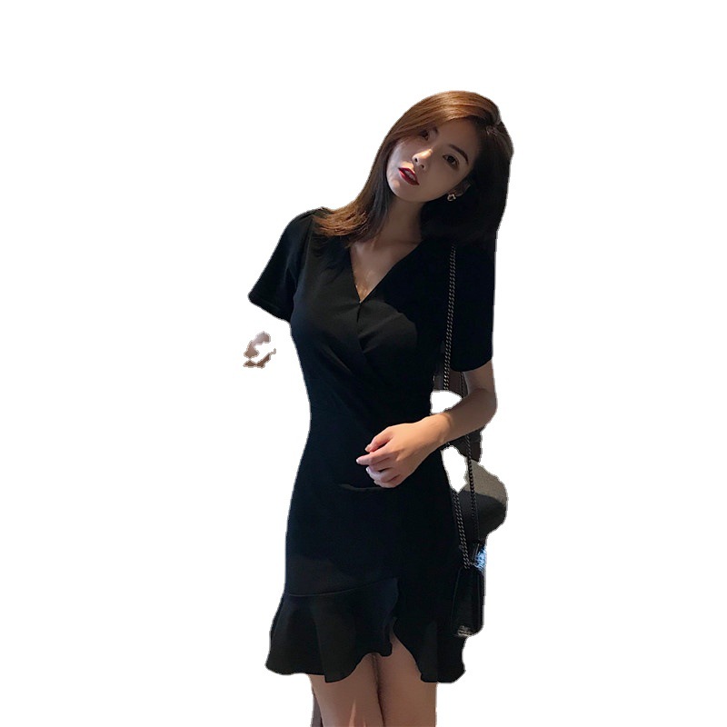Puff sleeve sexy low collar slim black dresses woman elegant simple high street female fashion party club mini dress