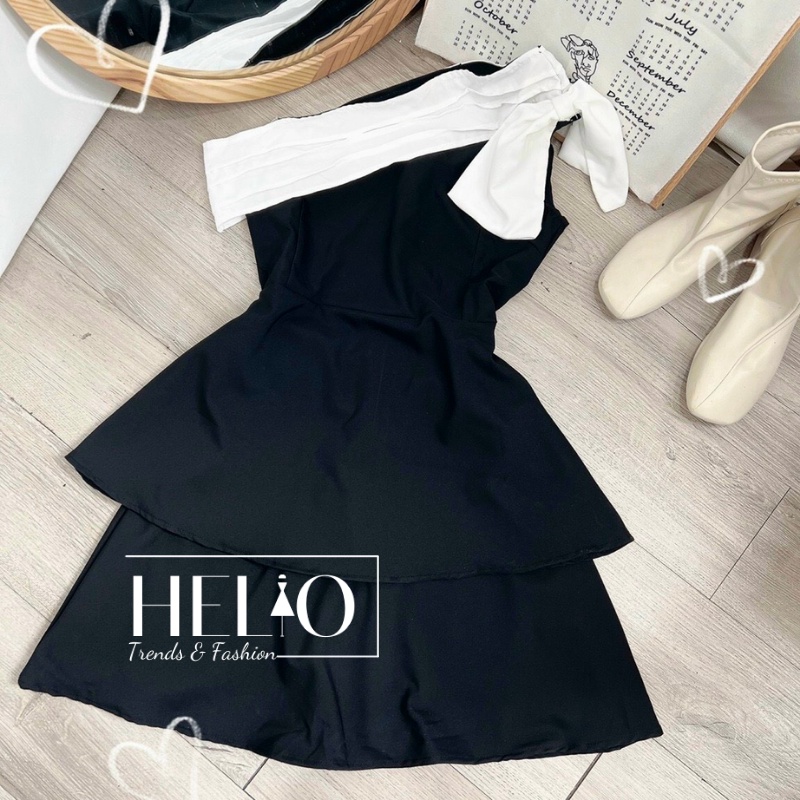Set áo lệch vai kèm chân váy chữ A _ Trắng Đen _ HE038