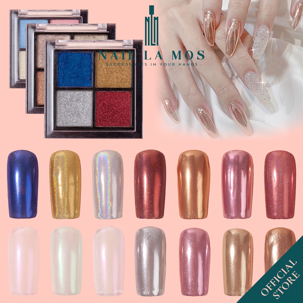 Bột tráng gương nail dạng nén 4 màu/hộp - Bột trang trí móng nhiều màu, siêu bám