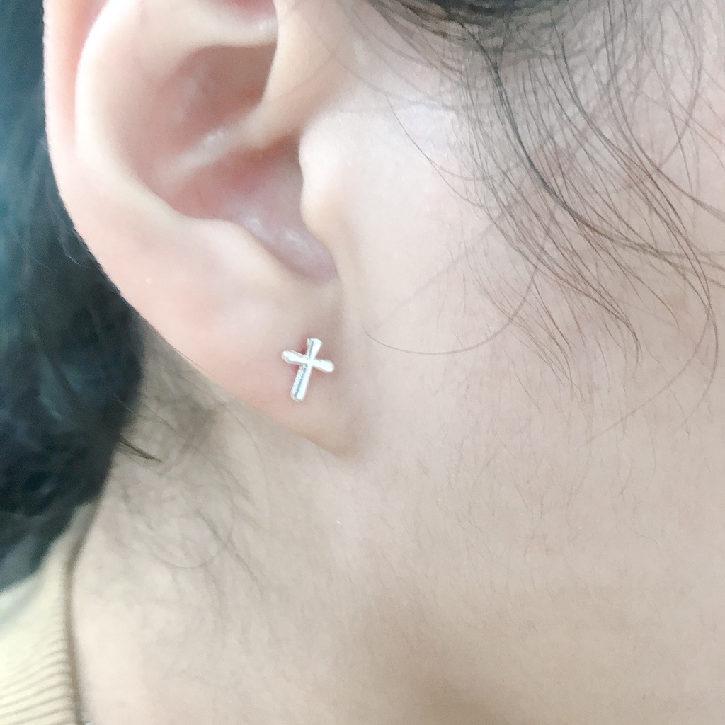Khuyên Tai Bạc Ta CaoBac Silver Đơn Giản Chữ Thập Trơn Phong Cách Unisex Nam Nữ Đều Đeo Được