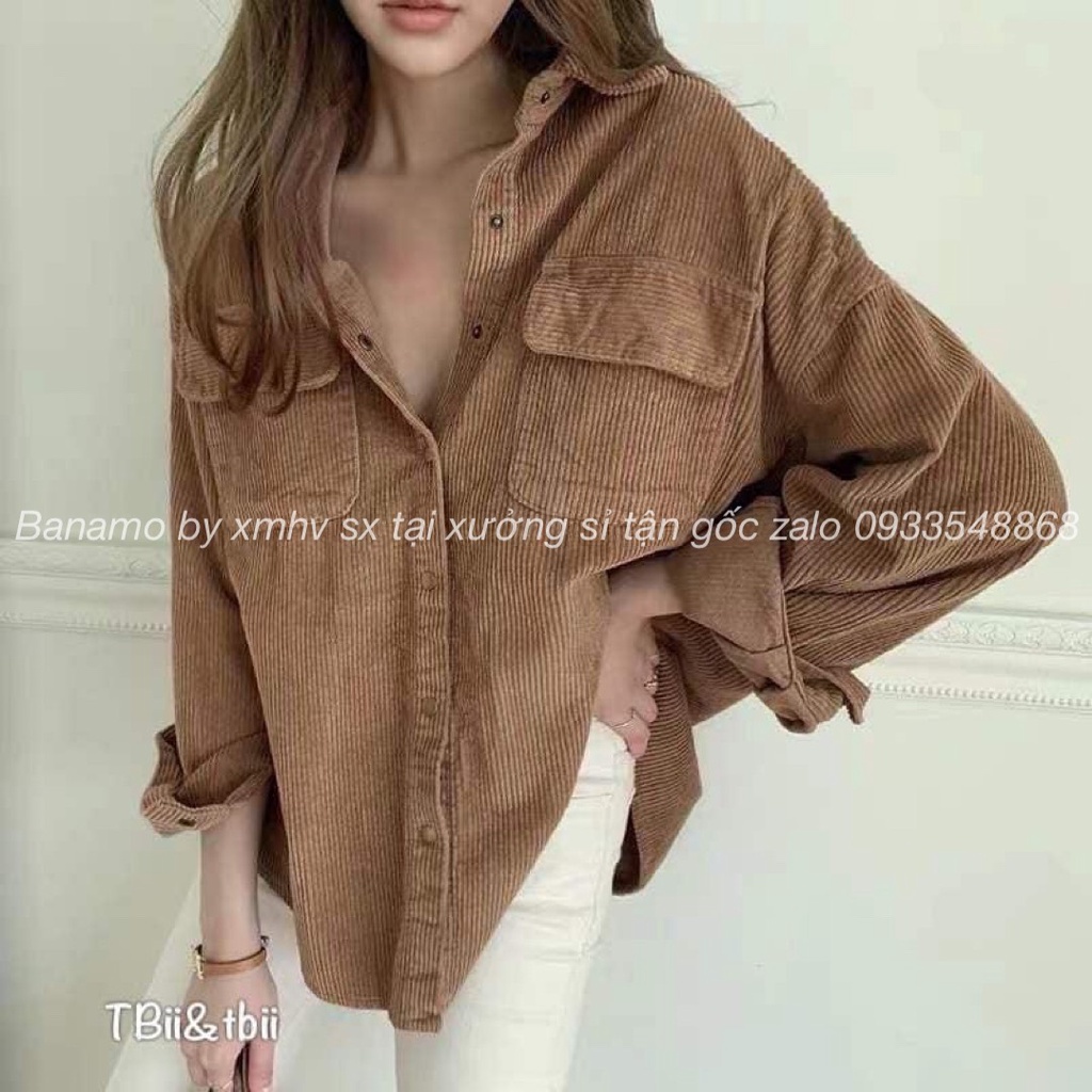 Áo sơ mi áo khoác nhung tăm dáng rộng màu hồng kem đen nâu phong cách ulzzang thời trang Banamo Fashion 351