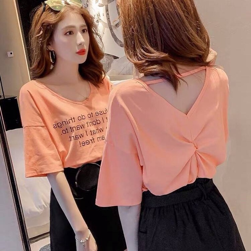 Áo Thun Nữ Tay Ngắn Cổ Chữ V Dáng Rộng Phong Cách Hàn Quốc