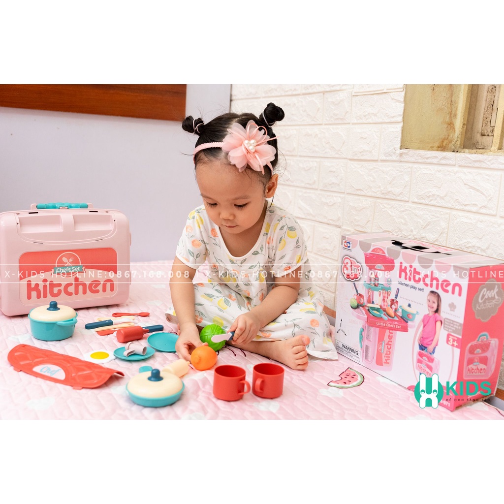 Cặp đồ chơi nấu ăn trẻ em 3in1 đa năng cỡ lớn, bộ đồ chơi nhà bếp bé gái nhiều chi tiết