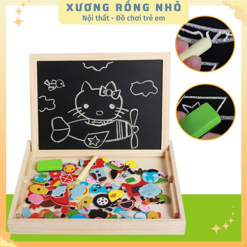 Hộp tranh ghép gỗ nam châm chủ đề động vật, bảng viết thông minh 2 mặt - Đồ chơi gỗ ghép hình sáng tạo cho bé
