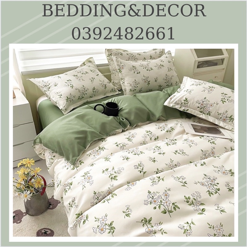 Bộ chăn ga gối Cotton Poly HOA NHÍ XANH (drap giường Hàn Quốc miễn phí bo chun ga giường bọc đệm)
