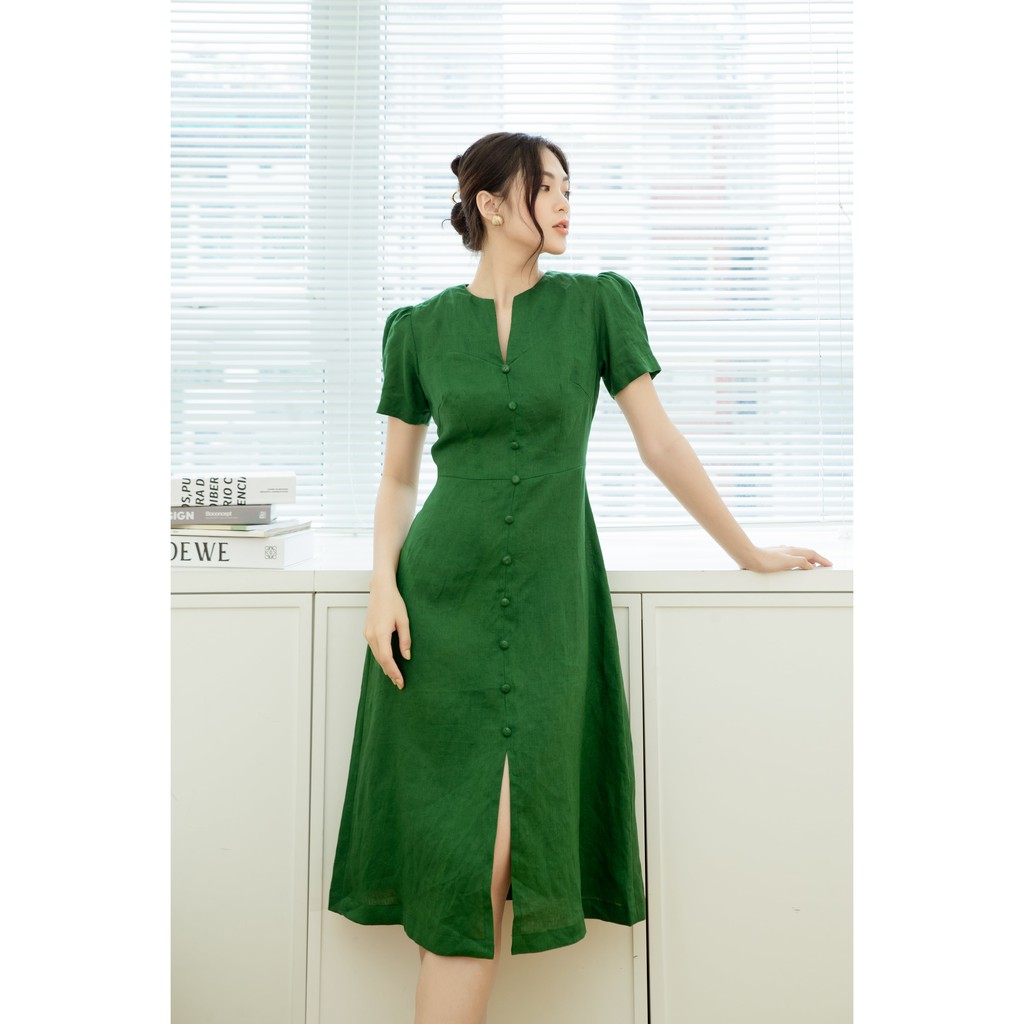 Đầm linen chữ A nút bọc VANIA - D2139 xanh lá