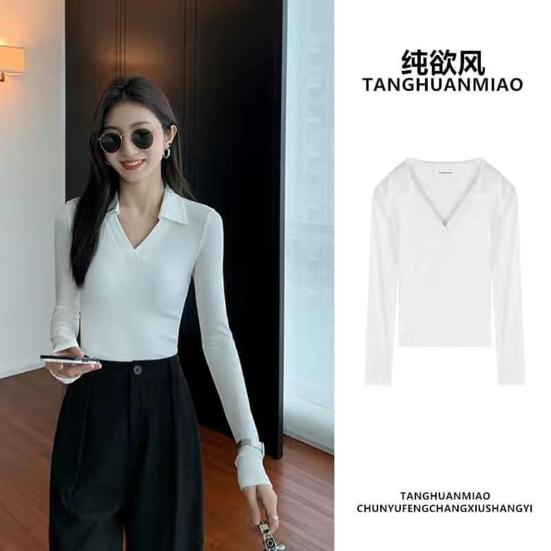 Áo thun nữ dài tay polo cổ bẻ khoét ngực chất co giãn mềm đẹp hàng Quảng Châu cao cấp