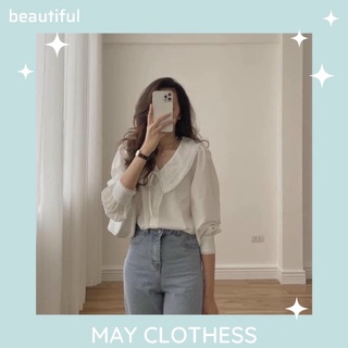 Áo sơ mi dài tay viền cổ ren buộc dây nơ