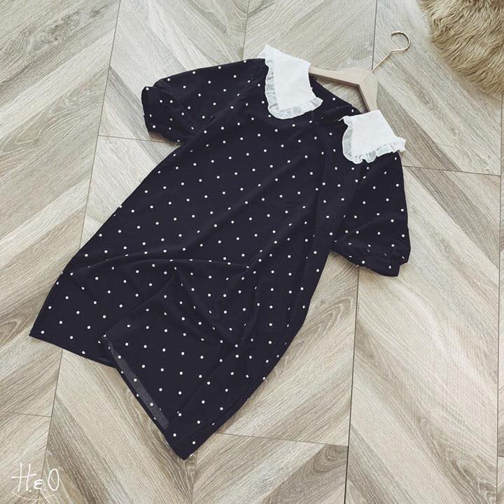 Đầm Nữ Suông Chấm Bi Cổ Bèo Trắng