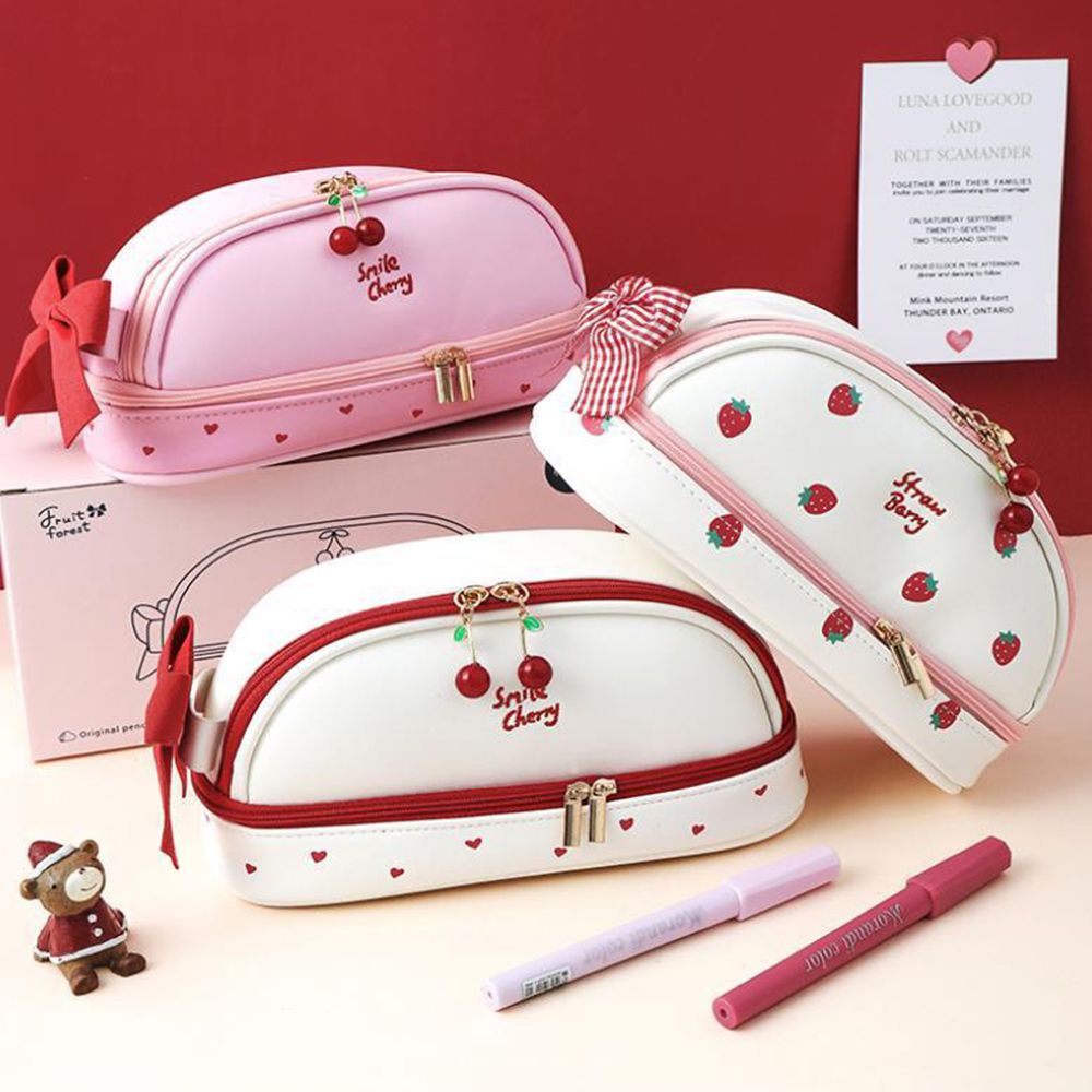 Túi đựng bút da pu dày hai lớp in hình trái dâu tây/cherry nhiều màu tùy chọn kawaii sức chứa lớn dành cho học sinh
