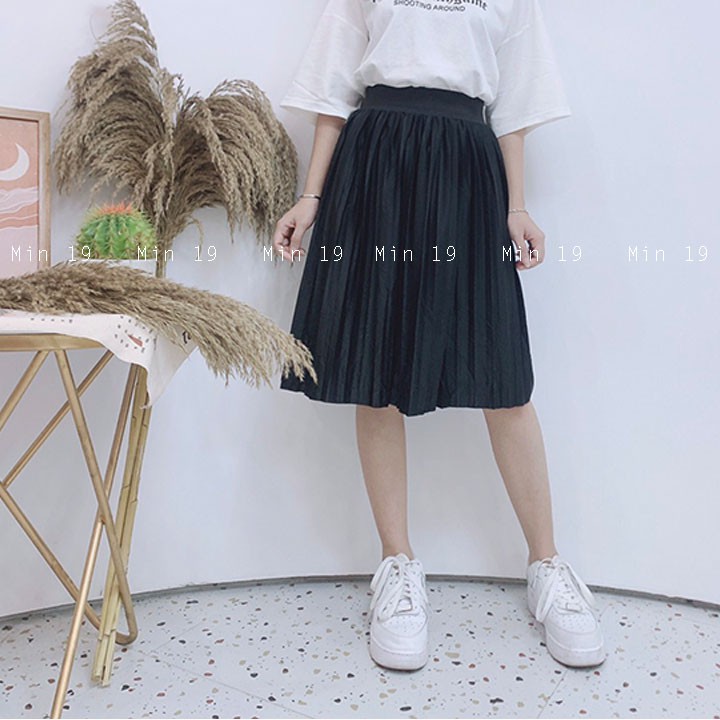 Chân Váy Xếp Ly Lưng Cao Cạp Chun Dáng Xòe Kiểu Công Sở Vintage Bigsize Màu Đen Thời Trang Hàn Quốc