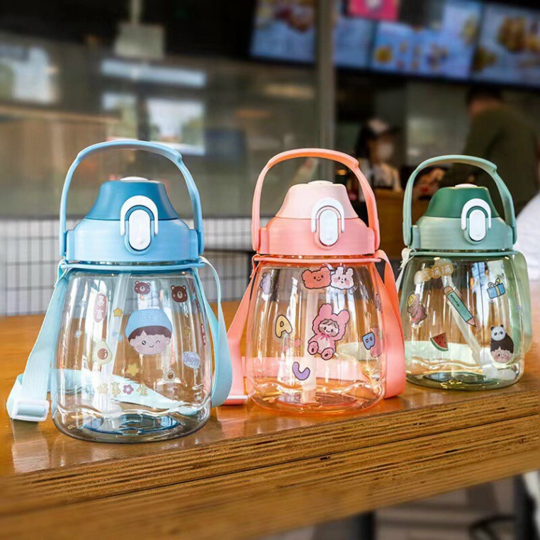 Bình Nước 1300ml Trong xuốtFREESHIPDung Tích 1.3 lít Kèm Dây Đeo Và Sticker Đáng Yêu