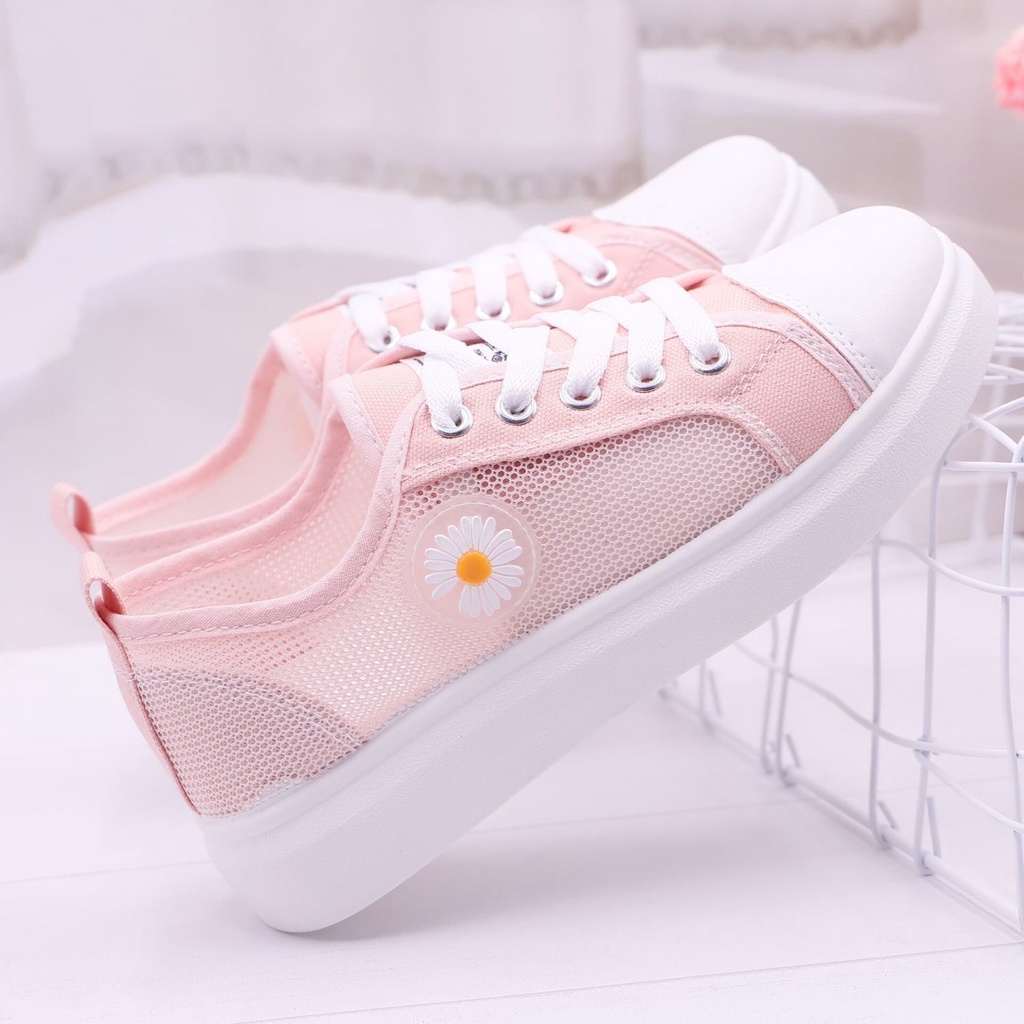 Giày thể thao vải lưới thoáng khí màu trắng họa tiết hoa cúc nhỏ phong cách Hàn Quốc thời trang hè mới cho nữ