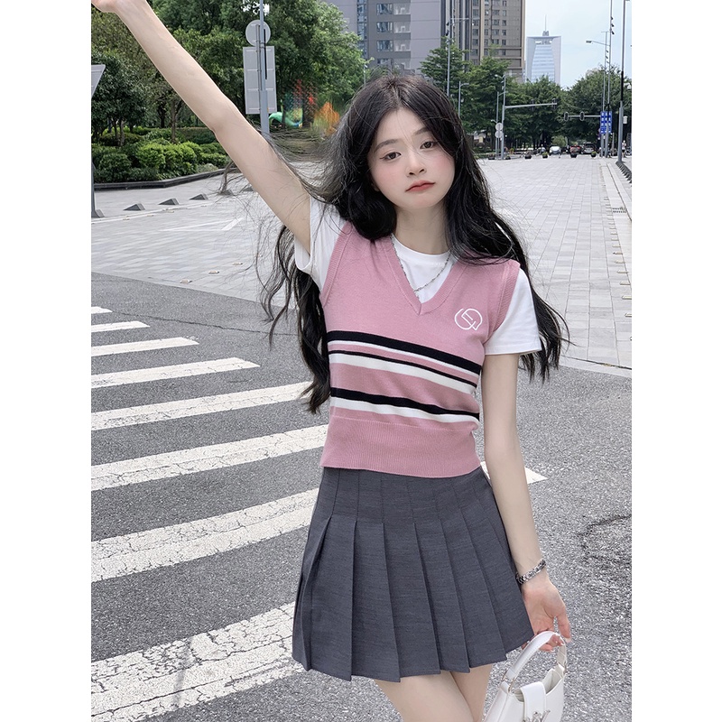 Áo Ghi Lê Hồng Ghi Sọc Ngang Không Tay Sát Nách Cổ Chữ V  Thời Trang Loại 1, Áo Tennis Thể Thao Hàn Quốc