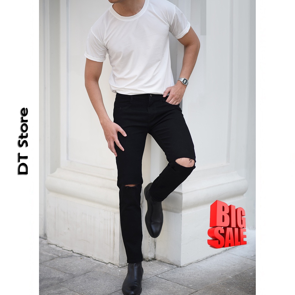 Quần jeans + áo thun rách gối nam cực chất - Jean Cotton DTstore9x Co Giãn Dáng Ôm Thời Trang DT002