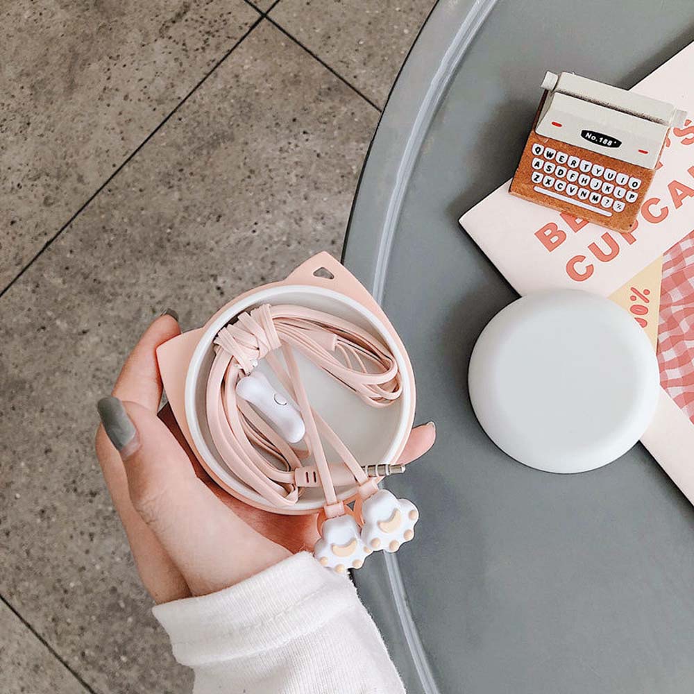 Tai Nghe Nhét Tai Mini Hình Chân Mèo Hoạt Hình Dễ Thương Kèm Hộp Đựng Cho Nữ