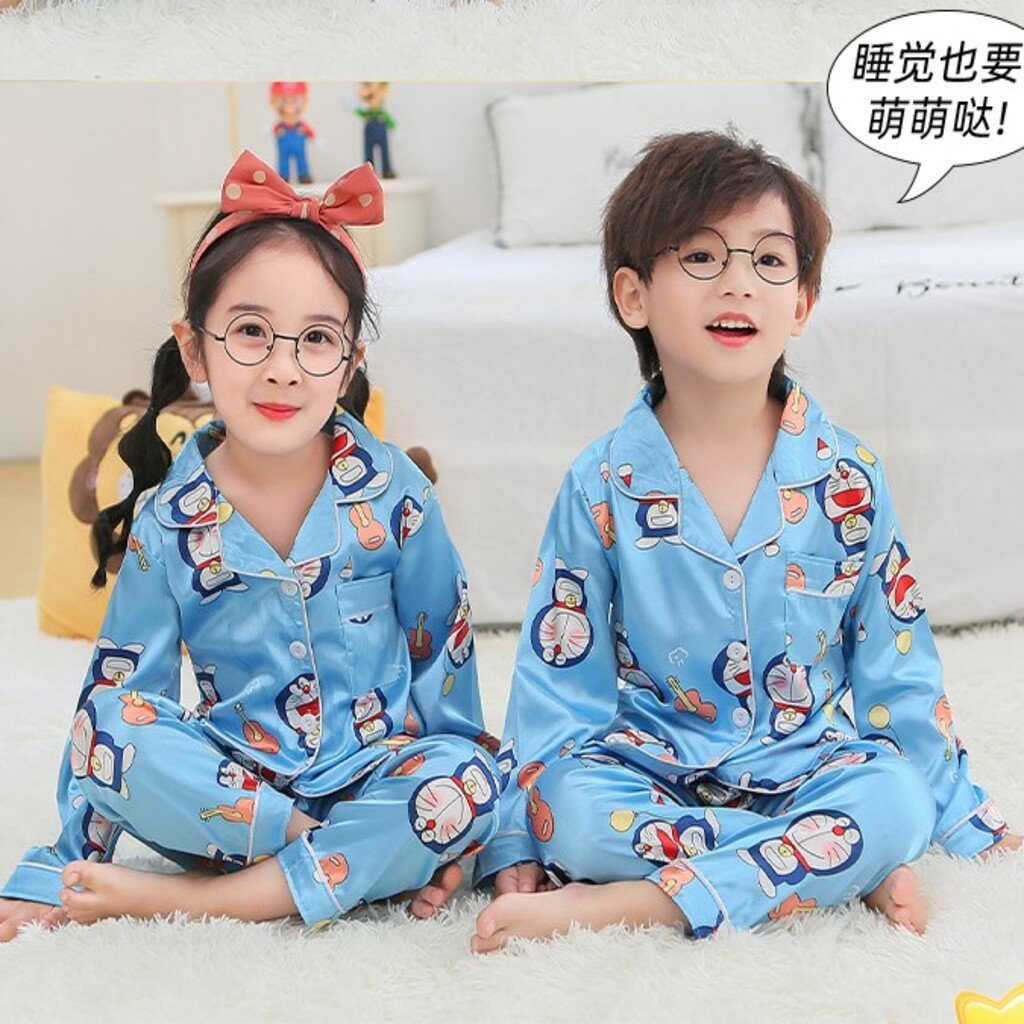 Bộ Ngủ Lụa Dài Tay Hoạt Hình Cho Bé, Bộ Mặc Nhà Cho Bé Yêu từ 6-27kg