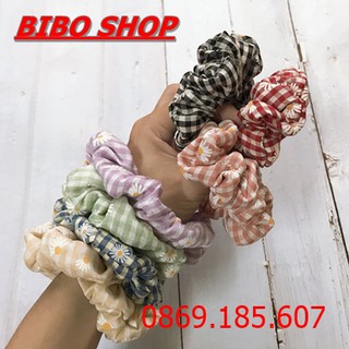 Dây buộc tóc vải caro hoa cúc, cột tóc scunchies vải caro hoa cúc thời trang
