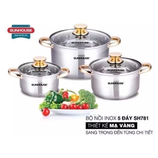 Bộ nồi Inox SUNHOUSE 5 Đáy SH781 16, 20, 24 cm hàng chính hãng