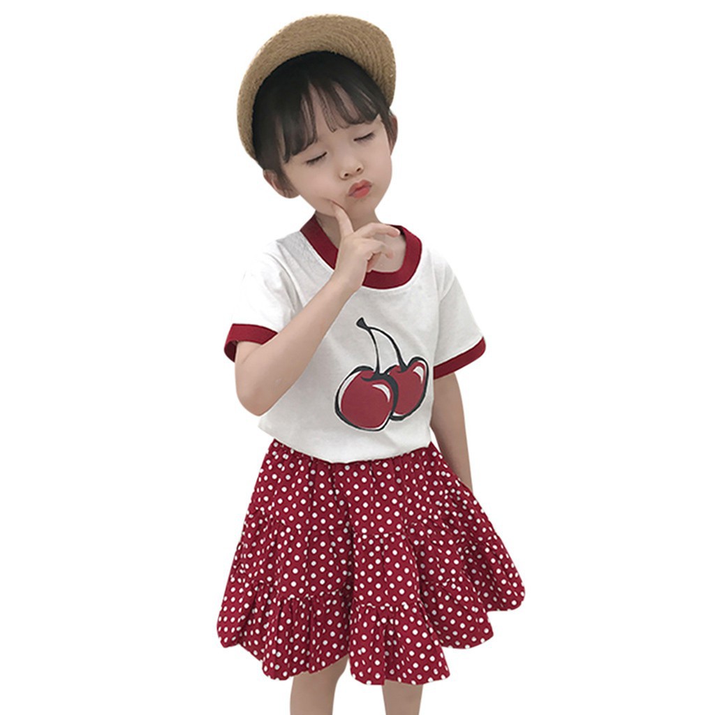 SET Áo Thun In Hình Trái Cây + Chân Váy Chấm Bi Cho Bé Gái