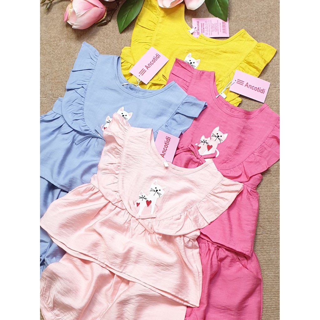 (8-35kg) ĐỒ BỘ BÉ GÁI VẢI TƠ SỌC THÊU 2 CON MÈO
