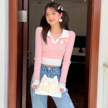 Áo dệt kim ZHELIHANGFEI tay dài cổ bẻ thêu họa tiết hoa thời trang cho nữ