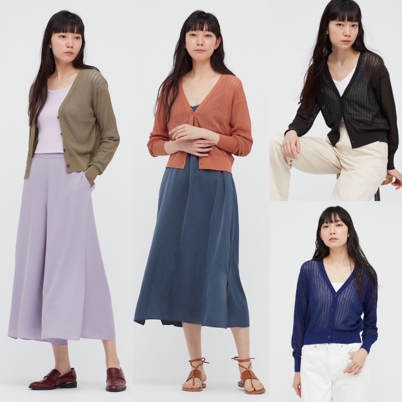 Áo khoác len lưới nữ cổ tim cài khuy cardigan xinh xắn của Uniqlo