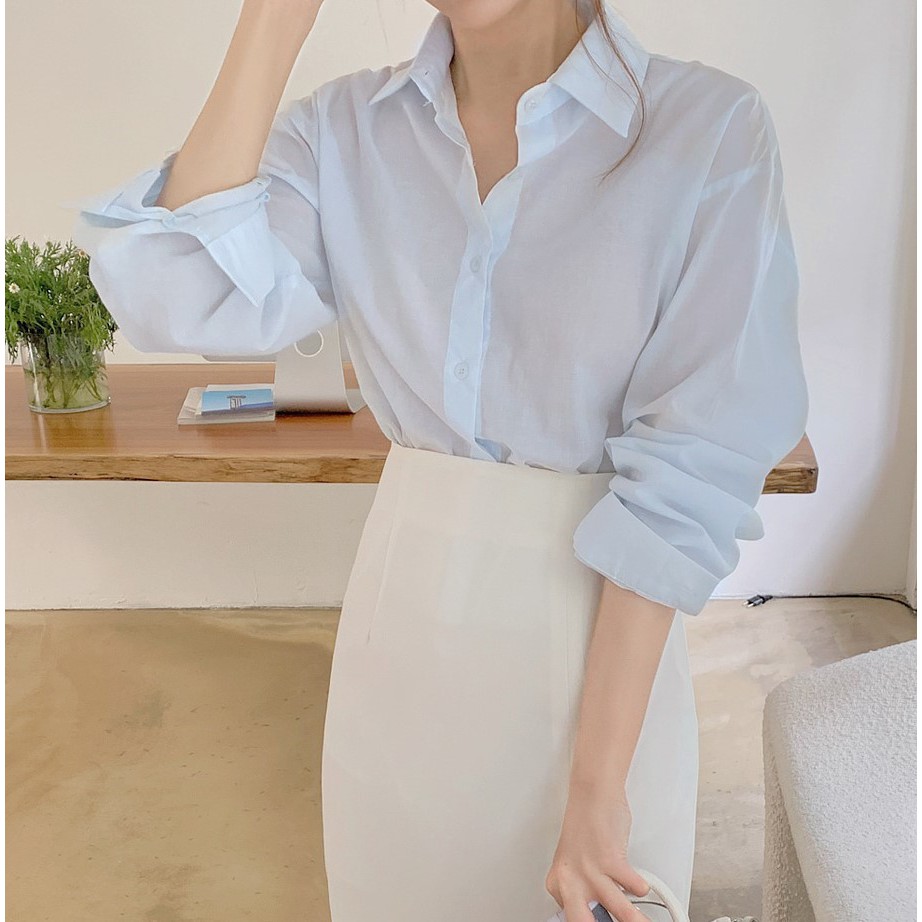 Áo sơ mi peppermint 44747 thiết kế cơ bản tay dài cổ polo phong cách Hàn Quốc dành cho nữ