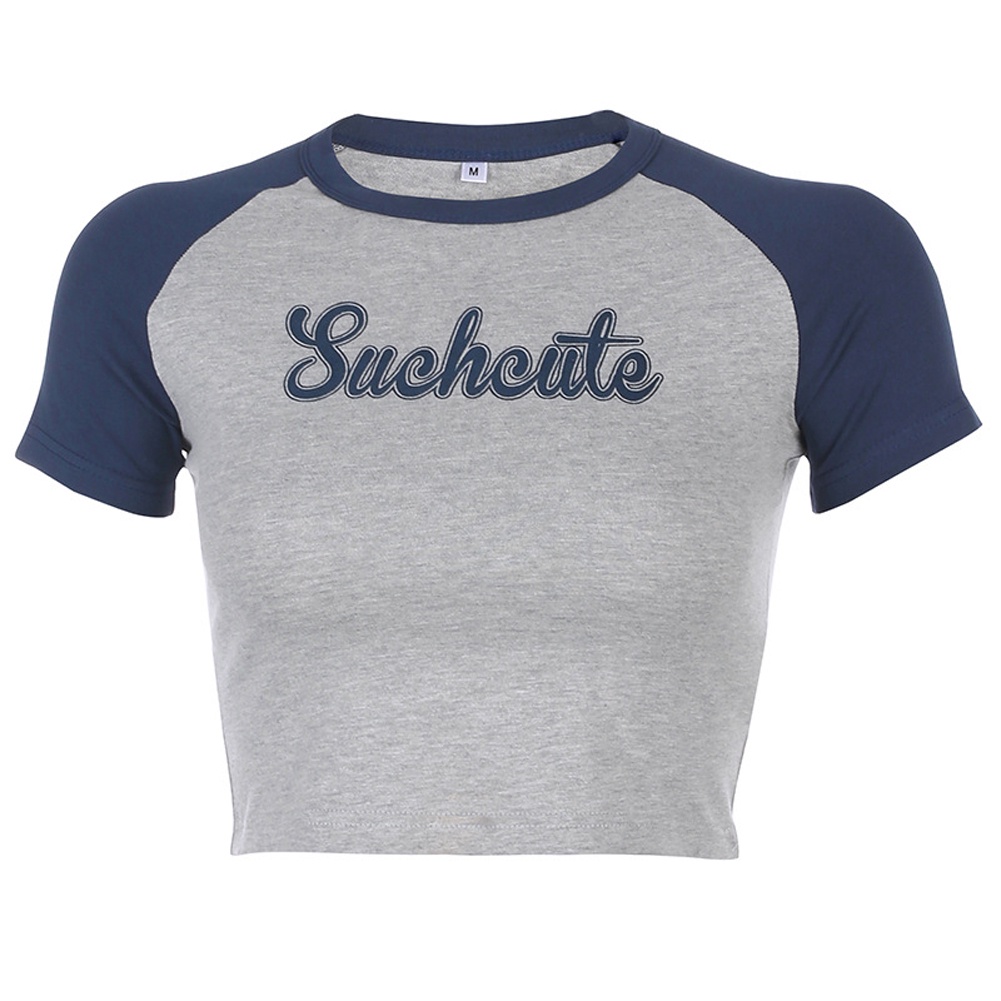 Áo Thun Croptop Cổ Tròn Phối Màu In Chữ Thời Trang Cho Nữ