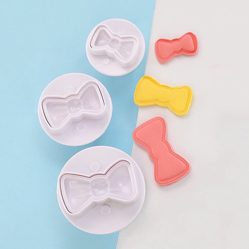 Khuôn làm bánh tạo hình chiếc nơ, bộ 3 khuôn nhấn lò xo 3 kích cỡ to nhỏ tạo hình bánh bao, fondant, đất set