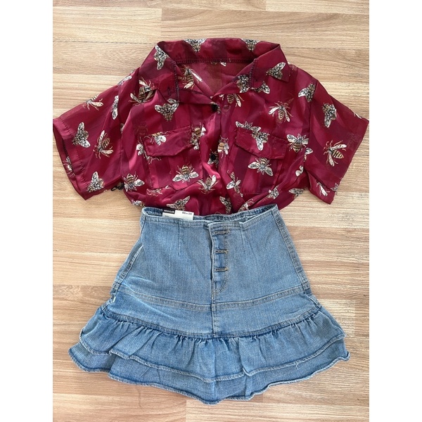 Set áo sơ mi và chân váy jean xoè tầng