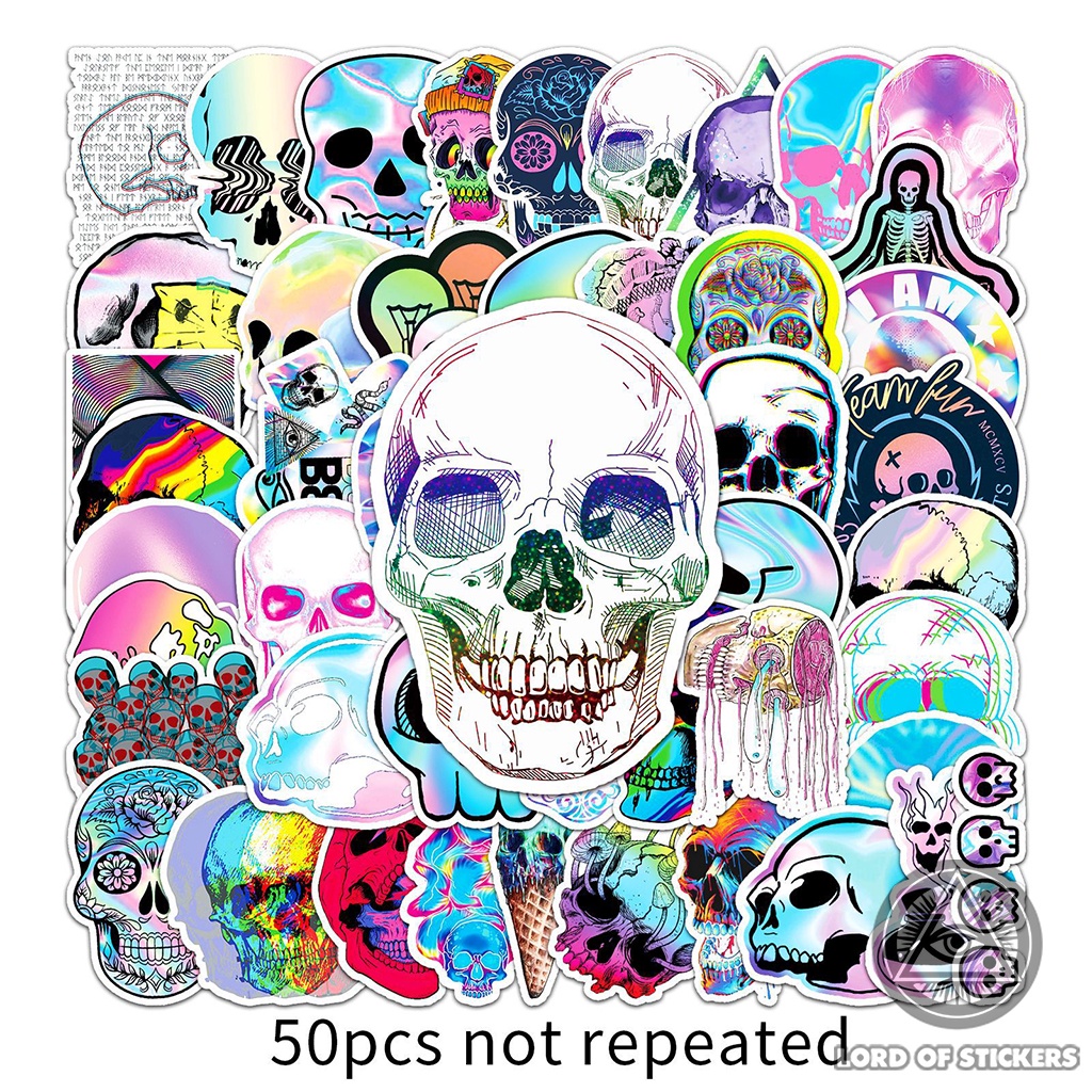 Set 50 Hình Dán Đầu Lâu Holographic Graffiti Sticker Cute Nhiều Màu Sắc Chống Thấm Nước Dán Mũ Bảo Hiểm, Laptop, Vali