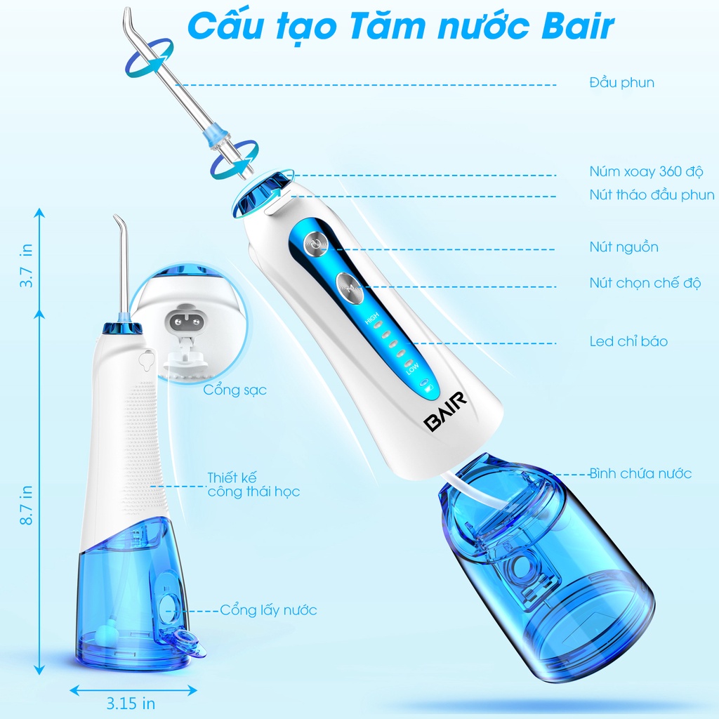 Combo hai tăm nước chính hãng Bair BF-8 PRO, máy tăm nước cao cấp làm sạch sâu răng miệng