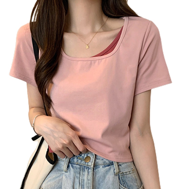 Brroa Áo Thun Crop Top Giả 2 Mảnh Tay Ngắn Dáng Rộng Màu Sắc Tương Phản Thời Trang Mùa Hè Cho Nữ