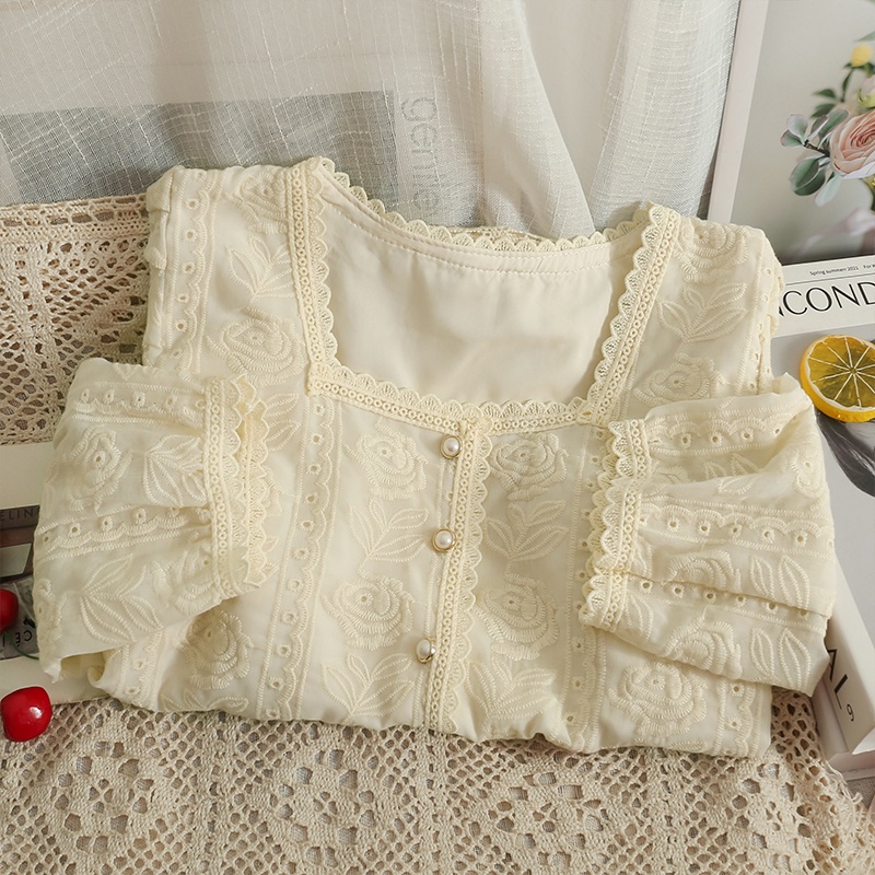 Áo Sơ Mi Nữ Tay Dài Cổ Vuông Thêu Ren Phong Cách Hàn Quốc Baju Baju Wanita Lengan Panjang Hàng Mới Có Sẵn