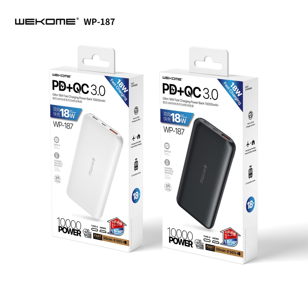 Sạc dự phòng PD18W +QC3.0 chính hãng, Pin Sạc Dự Phòng WP-187 20W 10000mAh Sạc Nhanh PD 18W