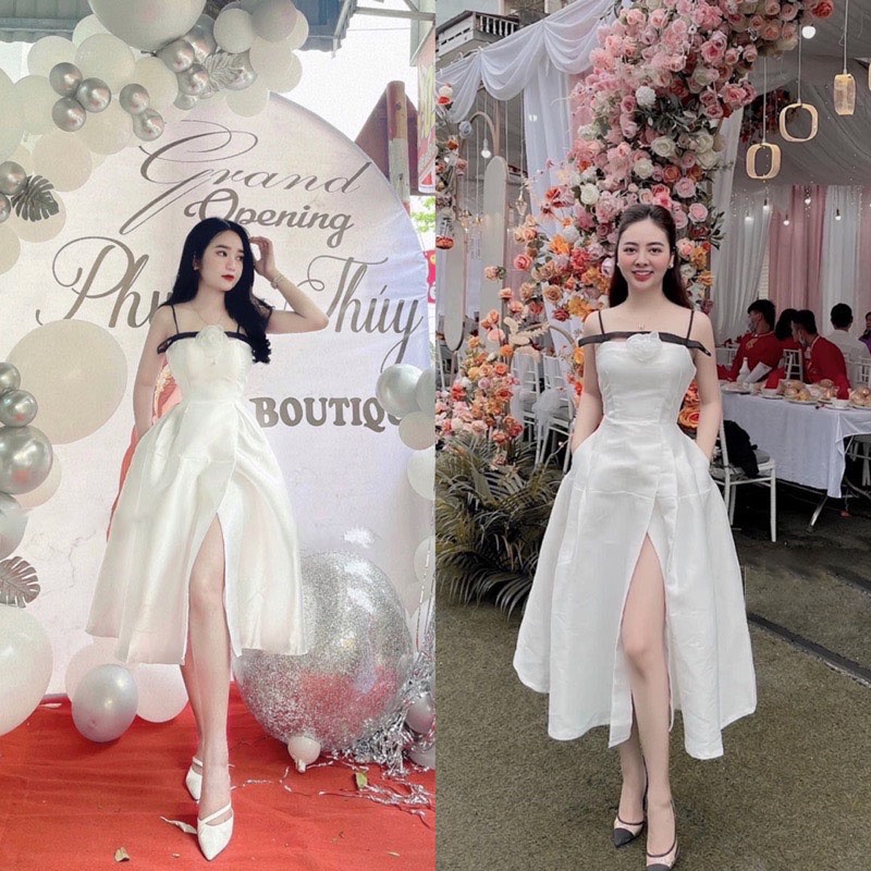 Đầm Xòe Xẻ Tà Trước 2 Dây Phối Đen  Thời Trang Nữ Sam Closet Free Size 40-55kg