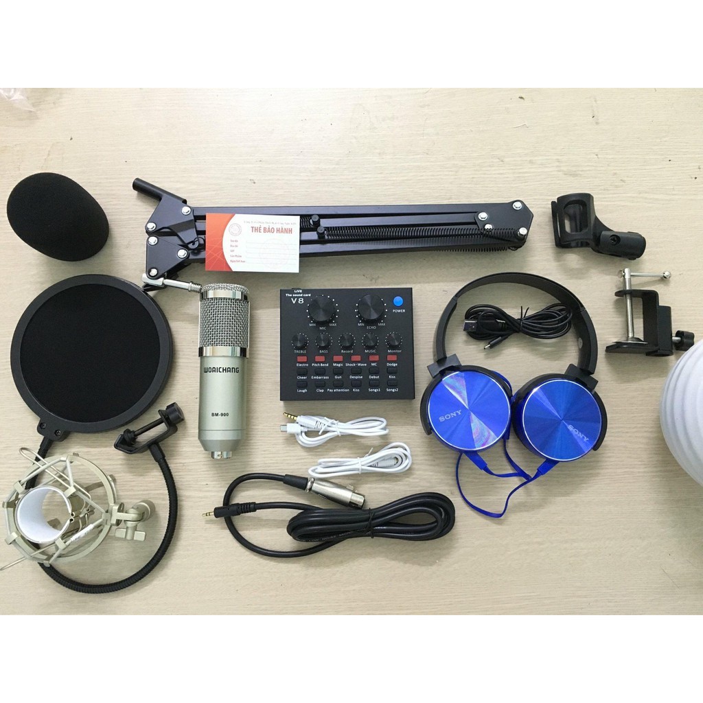 Bộ Mic Thu Âm M-900 Sound Card V8 ,Tặng Kèm Tai Nghe Sony+pin