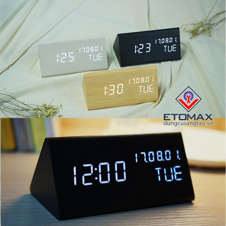 Đồng hồ báo thức vỏ gỗ điện tử hình tam giác